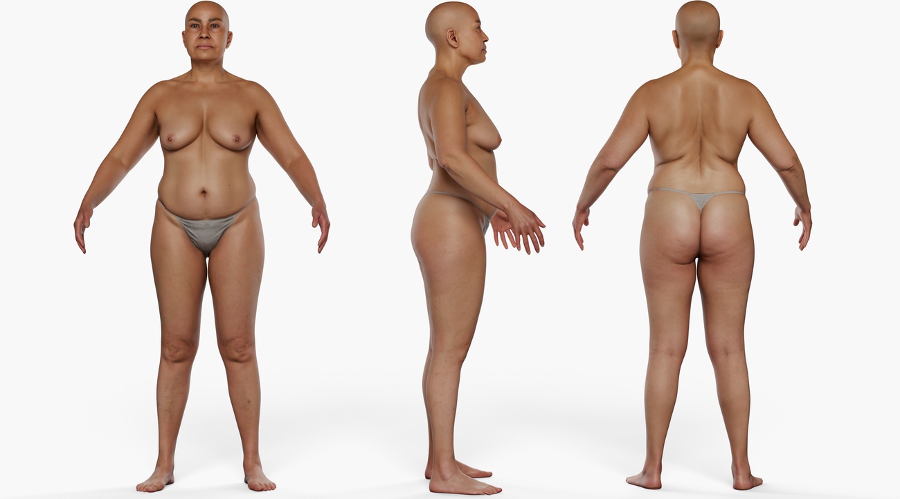 Full body 3D scan of a fuller-figured middle-aged female with smooth skin, retopologised quad mesh hero render